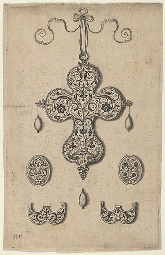 Design for the Verso of a Cross-Shaped Pendant Above a Pair of Oval Ornaments and Axe-Shaped Ornaments