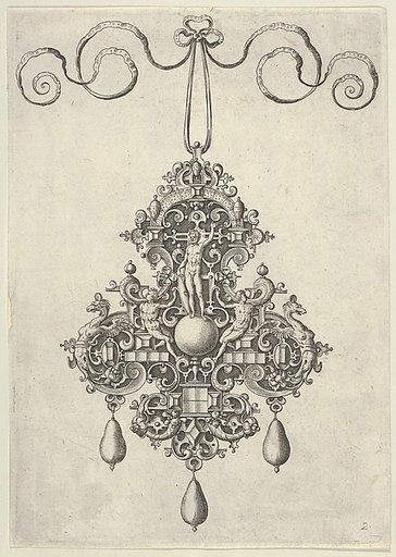 Pendant Design with a Male Diety with a Shield Flanked by Two Reclining Men