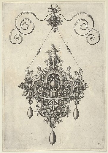 Pendant Design with Apollo Standing on an Arch Flanked by Female Figures Holding Fruit