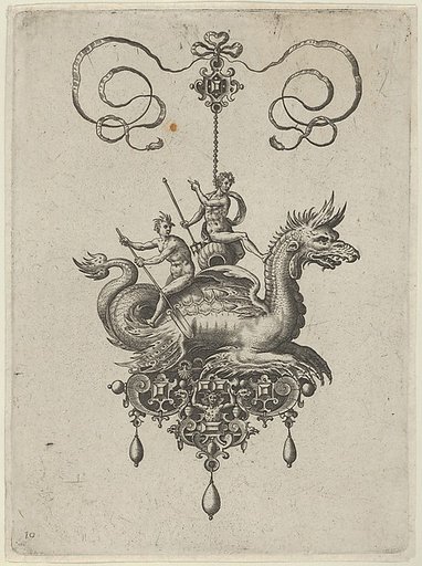 Pendant Design with a Sea Monster Carrying Neptune on an Urn Beside a River-God with an Oar