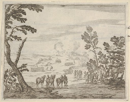 Thankful for Having Survived, Francesco I d'Este Finds Refuge in the Shade of a Tree, as Anone is Overtaken with Heavy Musket Fire and the Example of His Own Survival, from "L'Idea di un Principe ed Eroe Cristiano in Francesco I d'Este, di Modena e Reggio Duca VIII [...]"
