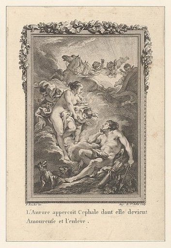 Vignette (Tome I.er, page 164, lib. II, fab. 15), depicting Cephalus and Aurora, from "Les Métamorphoses d'Ovide en Latin et en François de la traduction de M. l'Abbé Banier de l'Académie Royale des Inscriptions et Belles-Lettres. Avec des explications historiques. A Paris Chez Despilly rue saint Ja