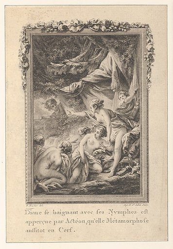 Vignette (Tome 1.er, page 200, lib. III, fab. 3), depicting Diana Turning Actaeon into a Stag, from Les Métamorphoses d'Ovide en Latin et en François de la traduction de M. l'Abbé Banier de l'Académie Royale des Inscriptions et Belles-Lettres. Avec des explications historiques. A Paris Chez Despilly