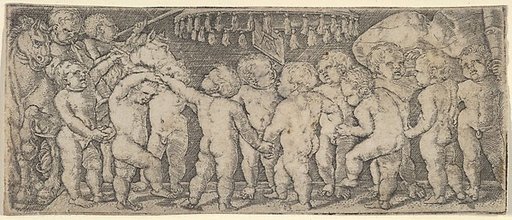 Nude Children Dancing Under a Canopy, with Two Horses on the Left and a Banner on the Right