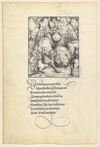 Theuerdarnk Endangered by an Avalanche, from [Theuerdank] Die geuerlicheiten vnd einsteils der geschichten des loblichen streytparen vnd hochberümbten helds vnd Ritters herr Tewrdannckhs