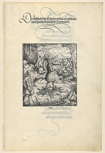 Theuerdank Walking on Swords, from [Theuerdank] Die geuerlicheiten vnd einsteils der geschichten des loblichen streytparen vnd hochberümbten helds vnd Ritters herr Tewrdannckhs