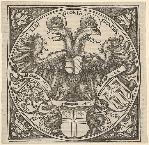 Imperial Double Eagle with the Coat of Arms of Ingolstadt, Freiburg, and Tübingen, from Joan. Eckii Theologi in summulas Petri Hispani extemporaria et succincta atque succosa explanatio p[ro] sup[er] ioris Germaniae scholasticis