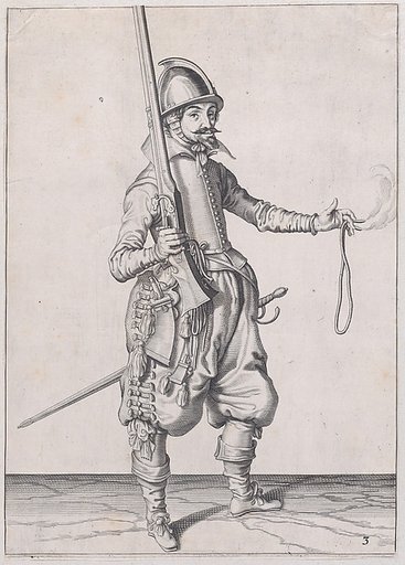 A soldier holding up his caliver in his right hand and extending his left to receive it, from the Marksmen series, plate 3, in "Waffenhandlung von den Rören Musquetten undt Spiessen / Wapenhandelinghe van Roers Musquetten Ende Spiessen" (The Exercise of Arms)