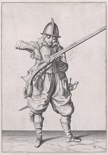A soldier pouring powder into the pan, from the Marksmen series, plate 16, in "Waffenhandlung von den Rören Musquetten undt Spiessen / Wapenhandelinghe van Roers Musquetten ende Spiessen" (The Exercise of Arms)