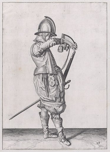 A soldier charging his caliver which is held stock down, from the Marksmen series, plate 23, in "Waffenhandlung von den Rören Musquetten undt Spiessen / Wapenhandelinghe van Roers Musquetten ende Spiessen" (The Exercise of Arms)