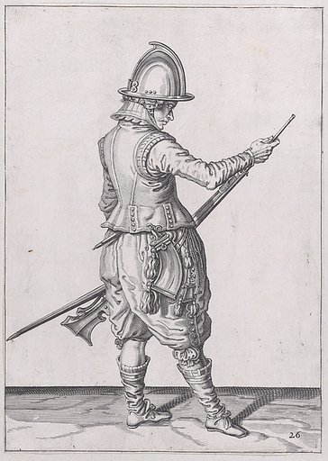 A soldier ramming home powder and bullet with the ramrod, from the Marksmen series, plate 26, in "Waffenhandlung von den Rören Musquetten undt Spiessen / Wapenhandelinghe van Roers Musquetten ende Spiessen" (The Exercise of Arms)