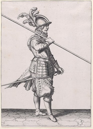 A soldier carrying his pike at the slope, from the Lansquenets series, plate 11, in "Waffenhandlung von den Rören Musquetten undt Spiessen / Wapenhandelinghe van Roers Musquetten ende Spiessen" (The Exercise of Arms)