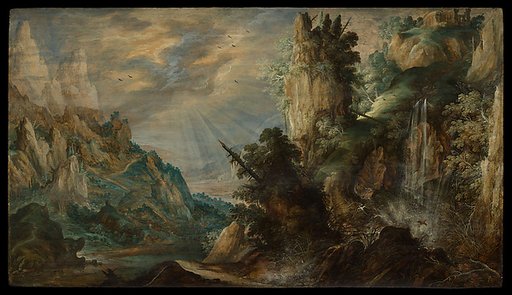 A Mountainous Landscape with a Waterfall