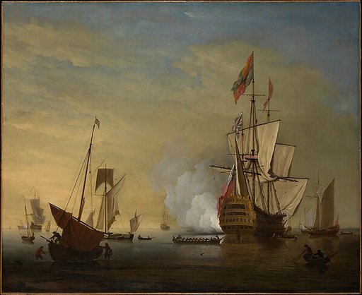 Harbor Scene: An English Ship with Sails Loosened Firing a Gun