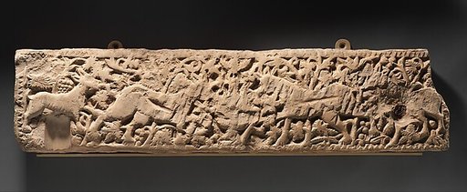 Panel with Animals Flanking a Vase Against a Pattern of Scrolls