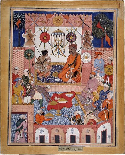 "Misbah the Grocer Brings the Spy Parran to his House", Folio from a Hamzanama (The Adventures of Hamza)