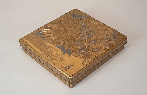 Writing Box with Cranes, Pines, Plum Blossoms, and Characters