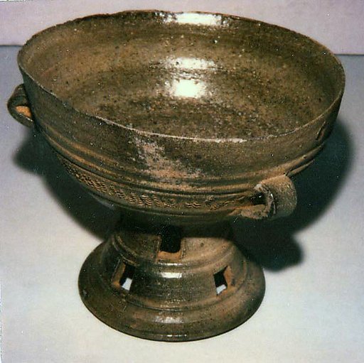 Pedestalled Bowl with Three Handles and Combed Design