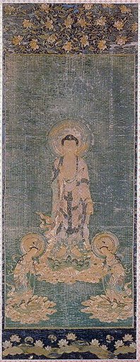 Welcoming Descent of Amida, the Buddha of Limitless Light, with Bodhisattvas Kannon and Seishi