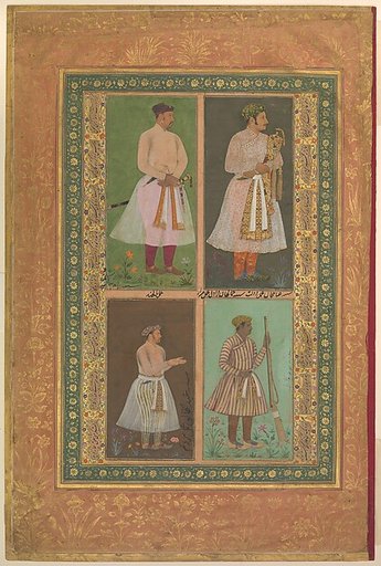 "Four Portraits: (upper left) A Raja (Perhaps Raja Sarang Rao), by Balchand; (upper right) 'Inayat Khan, by Daulat; (lower left) 'Abd al-Khaliq, probably by Balchand; (lower right) Jamal Khan Qaravul, by Murad", Folio from the Shah Jahan Album