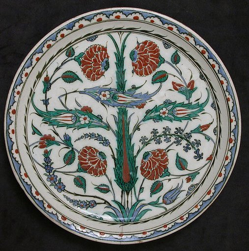 Dish with Cypress Tree, Saz Leaves, and Roses