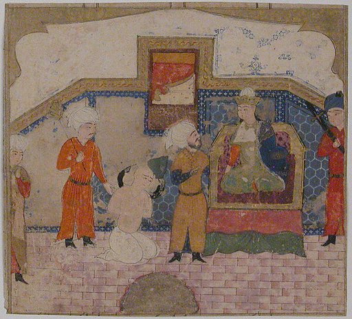 "Zahhak Brought as a Prisoner before Faridun", Folio from a Shahnama (Book of Kings)