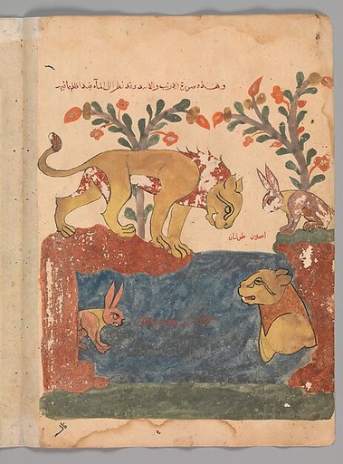 "The Hare, the Lion, and the Well", Folio from a Kalila wa Dimna