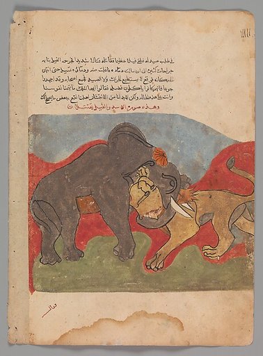 "The Lion and the Elephant Fighting", Folio from a Kalila wa Dimna