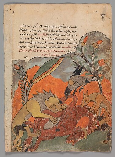 "The Attack on the Camel by the Lion, Crow, Wolf, and Jackal", Folio from a Kalila wa Dimna