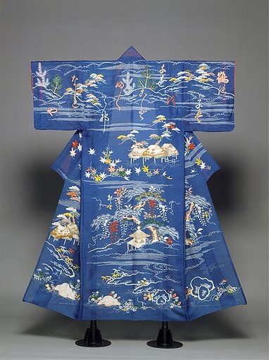 Unlined Summer Kimono (Hito-e) with Landscape and Poem