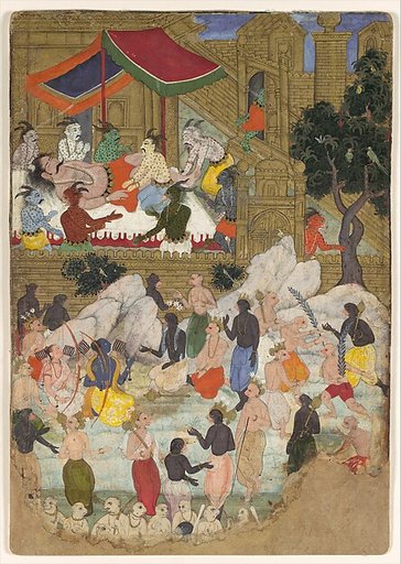 "The Awakening of Kumbhakarna in the Golden City of Lanka", Folio from a Ramayana