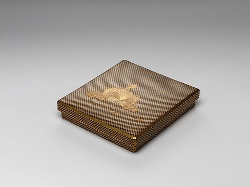 Box for Square Calligraphy Paper (shikishi-bako) with a Bugaku Helmet on Checkered Ground