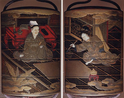 Case (Inrō) with Design of Chinese Scholar Seated at Low Desk (obverse); Lady Using Brush (reverse)