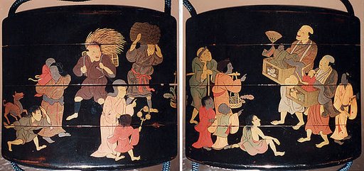 Inrō with Street Festival (obverse); People Watching a Puppet Show (reverse)