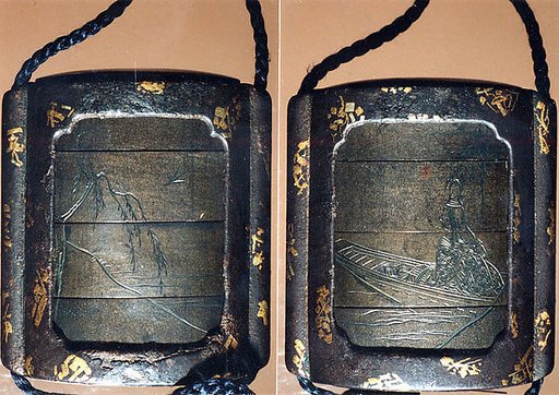 Case (Inrō) with Design of Court Lady in a Boat (obverse); Willow Tree (Asazuma) (reverse)