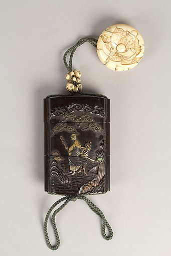 Case (Inrō) with Design of Ōni (Demon) Standing Behind Cloak of Arhat (obverse); Fly Whisk (Hossu) beneath Pine Tree (reverse)