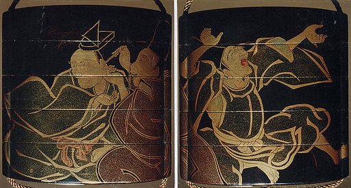 Case (Inrō) with Design of Courtier Cleaning Another's Ear (obverse); Courtier Laughing (reverse)
