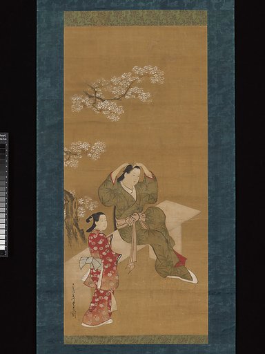 Woman Binding Her Hair and Attendant under Flowering Cherry Tree