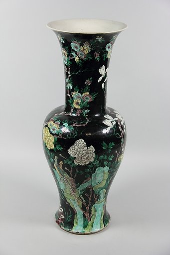 Vase with pheasants, rocks, and flowers