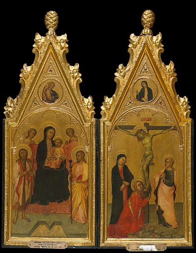 Madonna and Child Enthroned with Two Angels and Saints John the Baptist and James the Great and (above) the Annunciatory Angel (left wing); Crucifixion with the Virgin, Saint Mary Magdalen and Saint John the Evangelist and (above) the Virgin Annunciate (right wing)