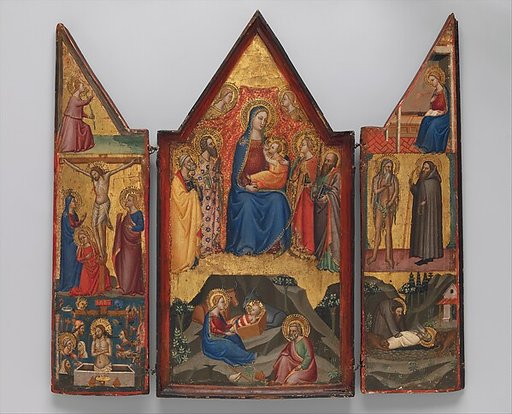 Madonna and Child Enthroned with Saints Peter, Bartholomew, Catherine of Alexandria, and Paul, and (below) the Nativity; left wing (top to bottom): Annunciatory Angel, Crucified Christ with the Virgin, Saints Mary Magdalen and John, and Christ as the Man of Sorrows; right wing (top to bottom): Virgi