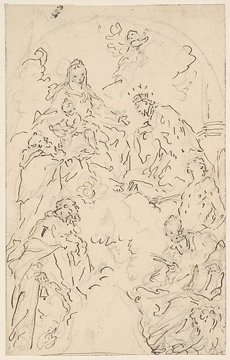 The Virgin and Child Enthroned on a Cloud, with Saints Dominic, John Nepomuk, Sebastian, Mark, and Anthony Abbot