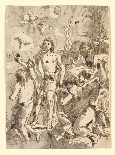 The Baptism of Christ (with Christ Half-Kneeling at Left, His Back Turned, and the Baptist Full-Faced at Center, Looking Up)