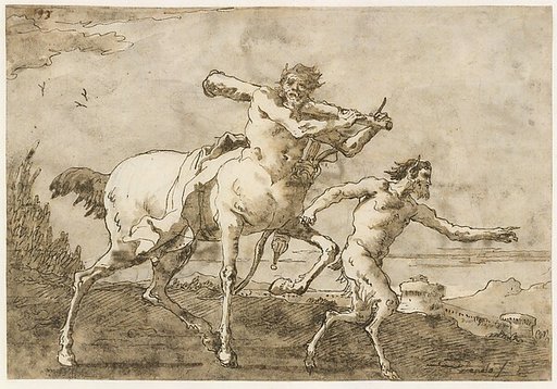 Satyr Leading a Centaur, Who Carries a Club, Bow and Quiver, Outside the Walls of a City