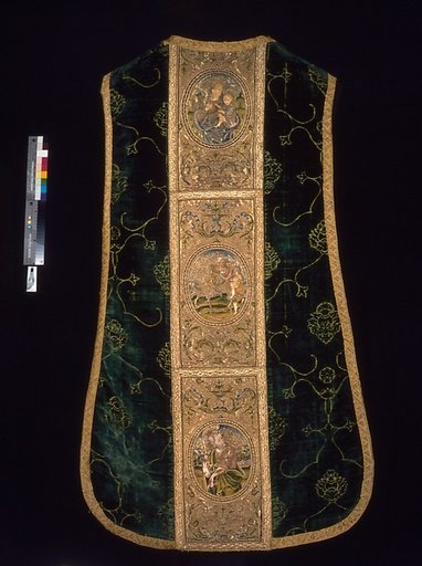 Chasuble with Orphreys depicting a saint and bishop saint (front), the Virgin and Child, Saint Martin, and Saint Peter (back)