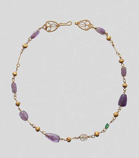 Gold Necklace with Amethysts, Glass, and Gold Beads