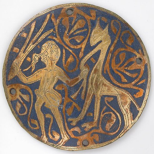 Medallion with Youth Leading Long-necked Animal