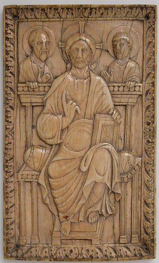 Plaque with Christ enthroned with two Apostles