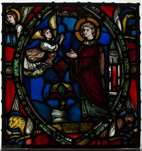 Stained glass fragment with an Angel Appearing to a Deacon Saint with the Symbols of the Four Evangelists