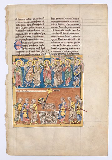 Leaf from a Beatus Manuscript: Seven Angels Hold the Cups of the Seven Last Plagues; The Hymn of the Lamb